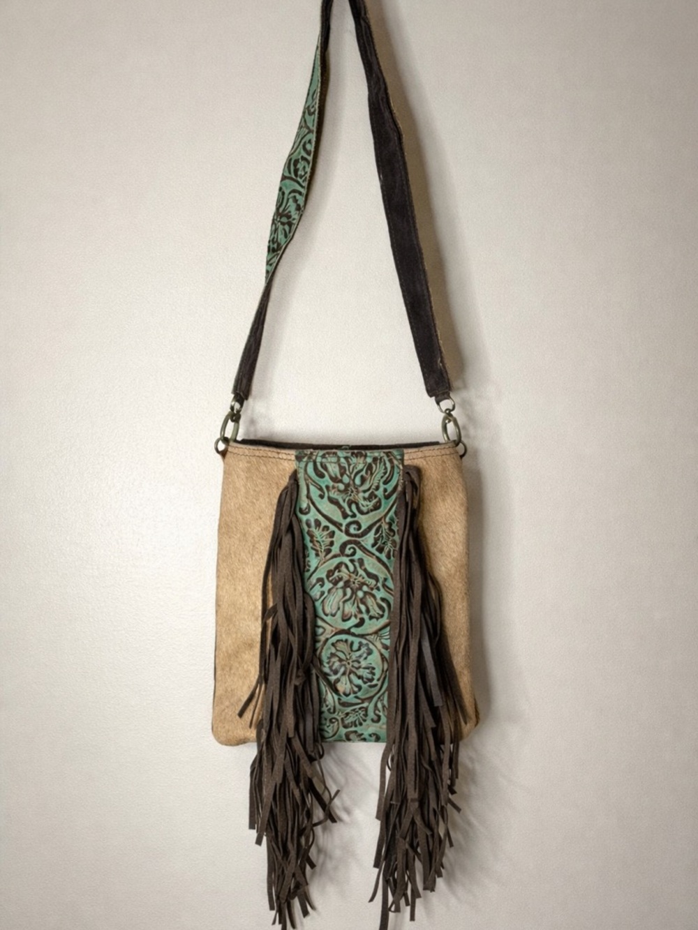Turquoise Tooled Fringe Crossbody Bag in Tan and Brown